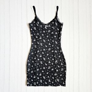 H&M Divided Lace Trim V-Neck Ribbed  Stretch Mini Dress Bodycon Ditsy Floral XS